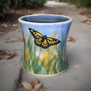 GAC Butterfly Heavy Pottery Coffee Mug Cup Hand Made HandPainted